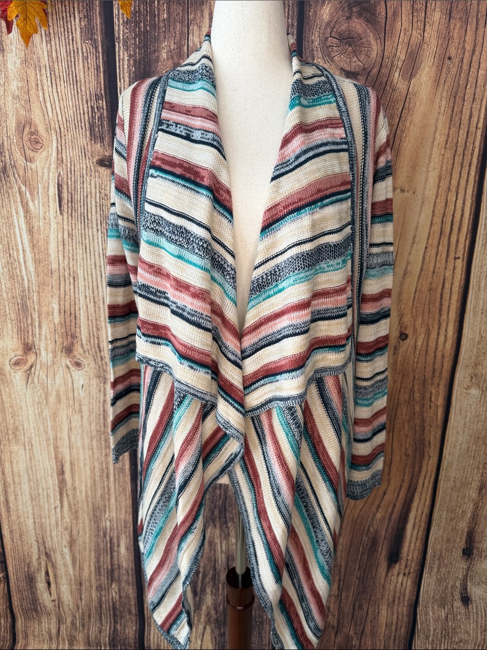 Cato Multicolor Striped Open-Front Cardigan in Cream, Teal, Rust, Black